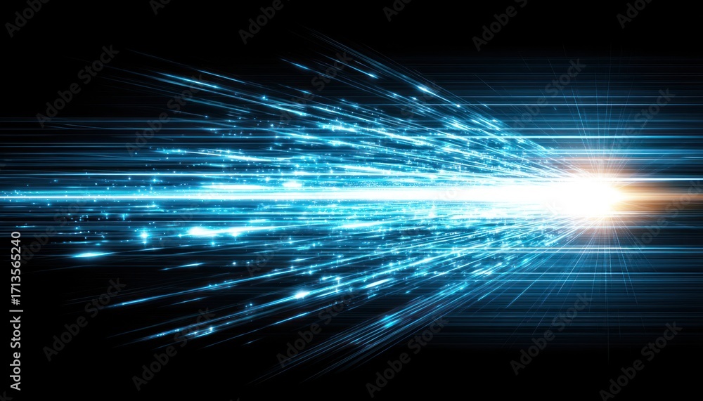 Fototapeta premium Abstract depiction of brilliant blue streaks shooting from a luminous point into darkness, conveying speed, energy, and futuristic technology