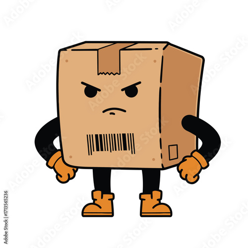Shipping box mascot with chest badge in industrial flat black vector style isolated