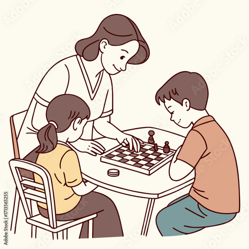 Mother and children playing chess together