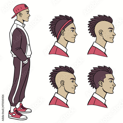 Man in tracksuit with different hairstyles