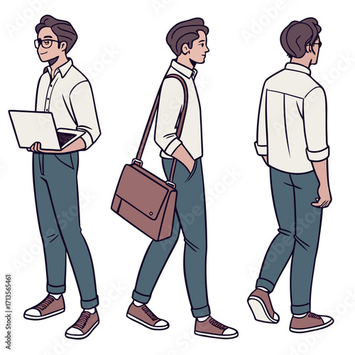 Man in different poses carrying a laptop and a bag