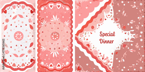 Whimsical pink and red floral and heart patterns with special dinner text