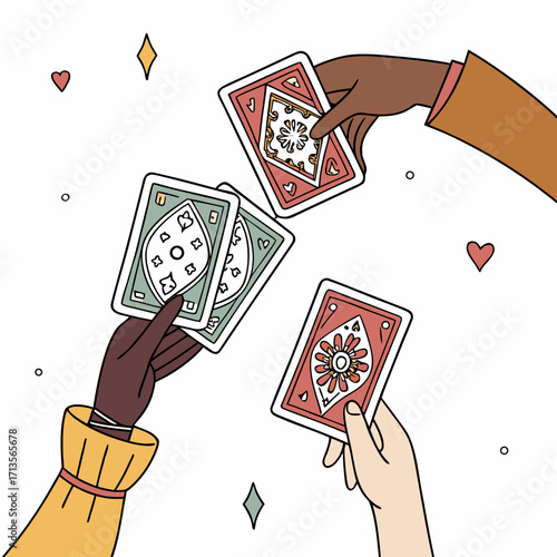 Illustration of hands holding playing cards with diamond and heart suits on beige