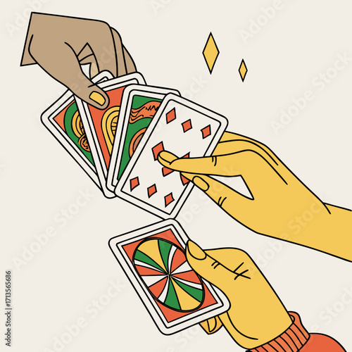 Illustration of hands dealing playing cards with diamond suits in a colorful style