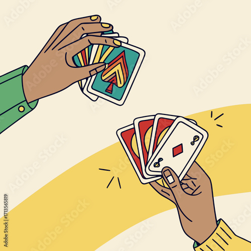 Hands dealing playing cards with spade and diamond suits in a bright setting