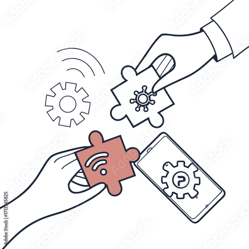 Hands assembling puzzle pieces with technology symbols