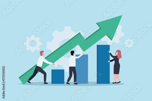 Business team collaborating to achieve financial growth and success with upward trending graph