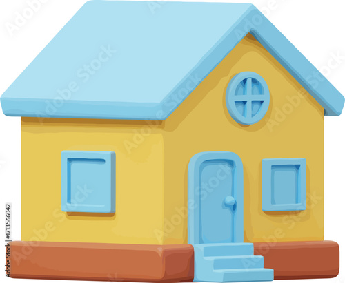 Cartoon house 3d render yellow blue childlike family home vector