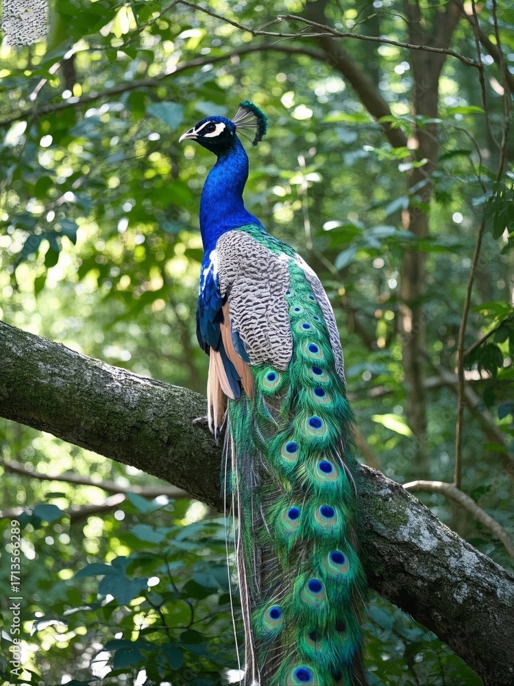 Obraz premium A vibrant peacock perched on a tree branch in a lush forest setting, showcasing its colorful plumage.