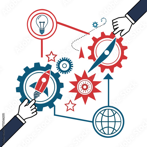 Creative business strategy concept with gears, lightbulb, and globe