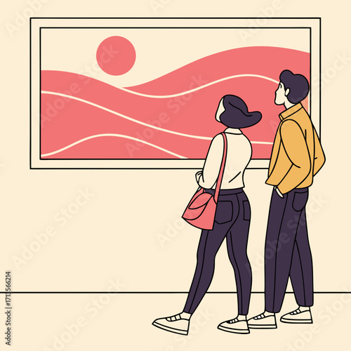 Couple viewing a sunset painting in an art gallery with a modern style