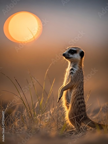 Meerkat standing upright in grassland at sunset with a large sun in the background