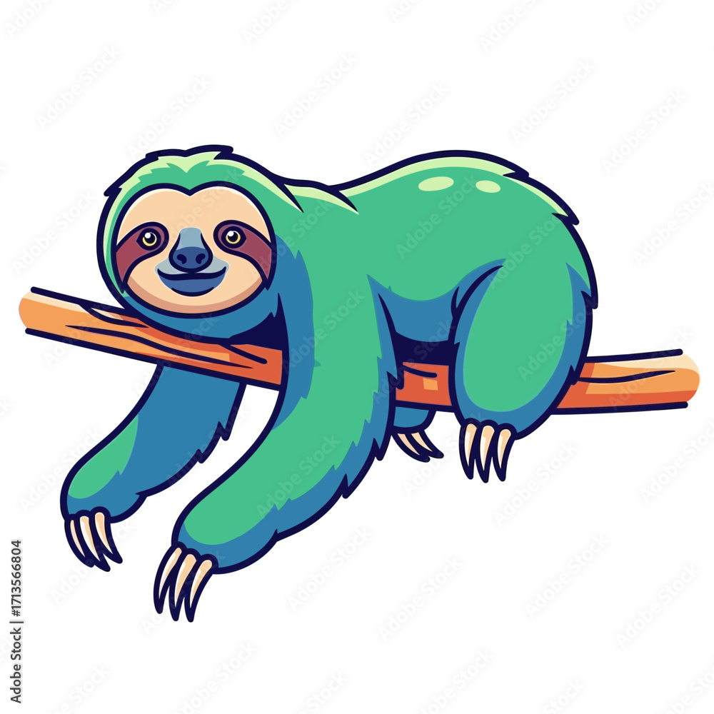 Obraz premium Adorable Green Sloth Hanging on Branch Illustration