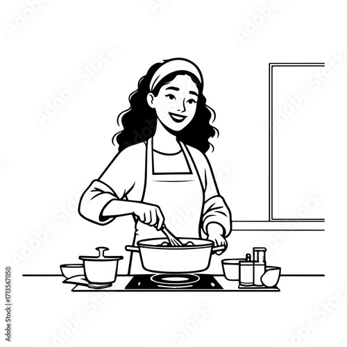 Black and White Vector Illustration of a Smiling Woman Cooking in Kitchen with Apron and Headband
