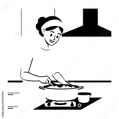 Black and White Vector Illustration of a Smiling Woman Cooking in Kitchen with Apron and Headband