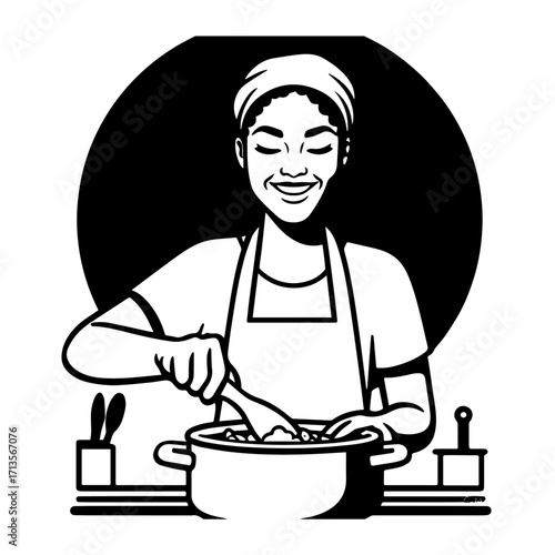 Black and White Vector Illustration of a Smiling Woman Cooking in Kitchen with Apron and Headband