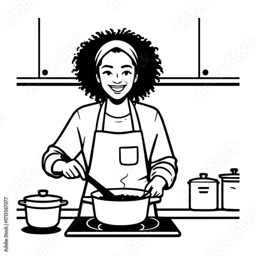 Black and White Vector Illustration of a Smiling Woman Cooking in Kitchen with Apron and Headband