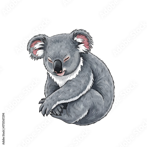Hand-drawn illustration of a cute sleeping koala bear resting peacefully on a white background