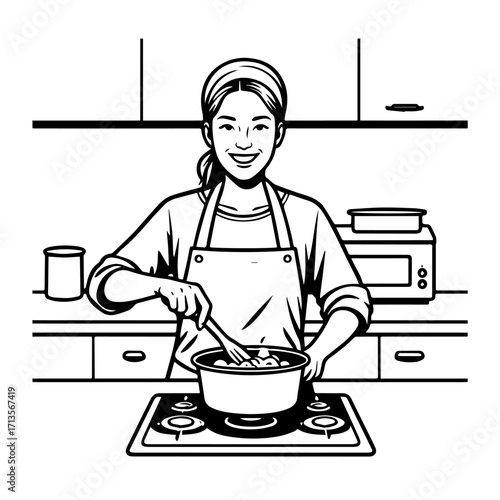 Black and White Vector Illustration of a Smiling Woman Cooking in Kitchen with Apron and Headband