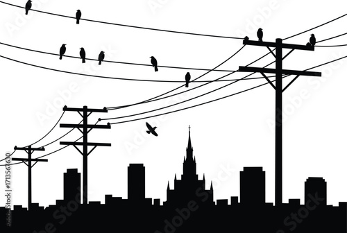 City skyline silhouette with birds on electric power lines, telephone poles, urban landscape, flying bird, black and white vector illustration