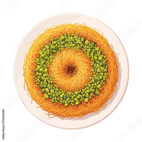 Delicious Top View of a Traditional Kataifi Pastry with Pistachios on a White Plate