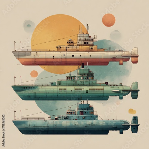 Submarine Illustration with Retro Design and Colorful Background