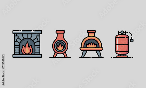 Collection of stylized icons representing heating and cooking appliances with flames.