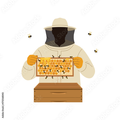Vector art of beekeeper in protective suit holding honeycomb frame with bees