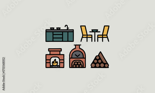 Collection of stylized icons representing kitchen and outdoor cooking elements.