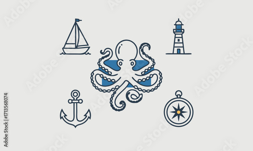 Nautical Icons Featuring Octopus Sailboat Lighthouse Anchor and Compass.