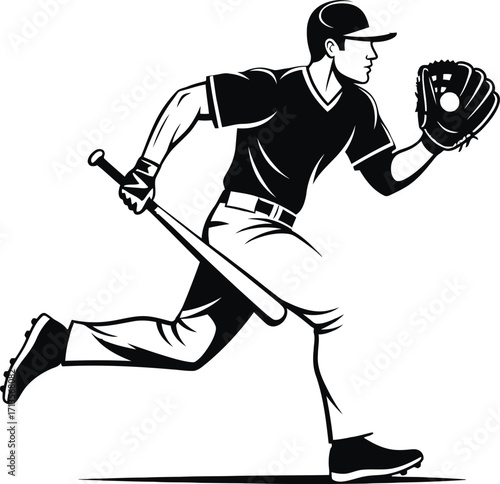 Baseball player running with bat and glove isolated on white background
