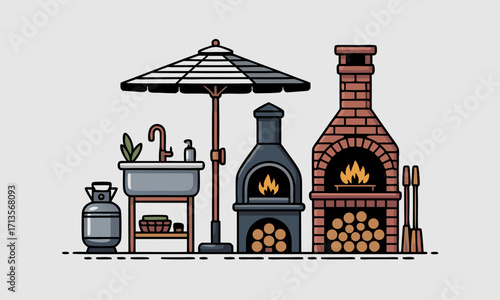 Outdoor cooking and entertainment setup with grill sink and umbrella.