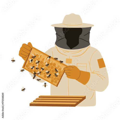 Vector art of beekeeper in protective suit holding a honeycomb frame with bees
