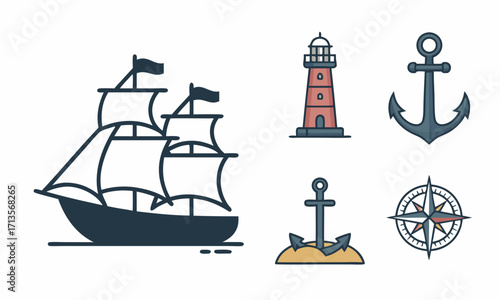 Collection of nautical icons including a sailing ship lighthouse anchors and compass.