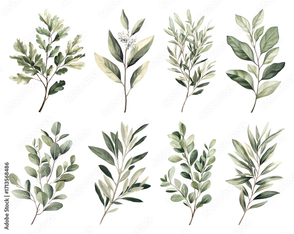 Fototapeta premium PNG Elegant botanical watercolor leaf illustrations, element set on transparent background