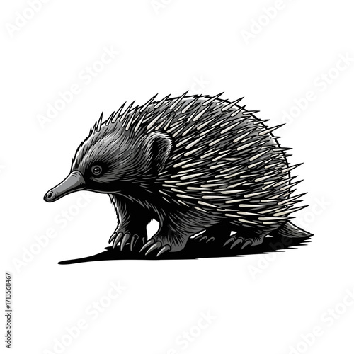 Detailed black and white vector illustration of an Australian spiny echidna on a white background