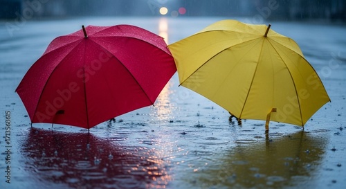Rainy day scene with two colorful umbrellas on wet pavement.