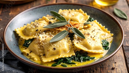 Gourmet homemade ravioli pasta with sage butter sauce and spinach in a rustic bowl.