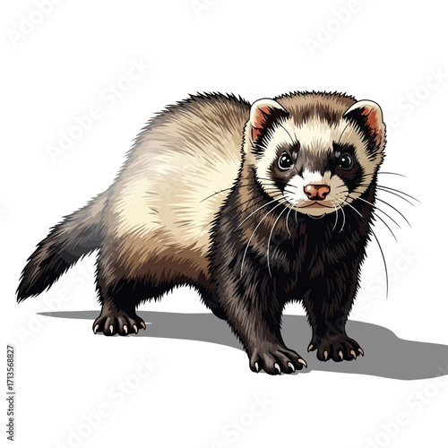 Detailed vector illustration of a curious domestic ferret with long whiskers isolated on a white background