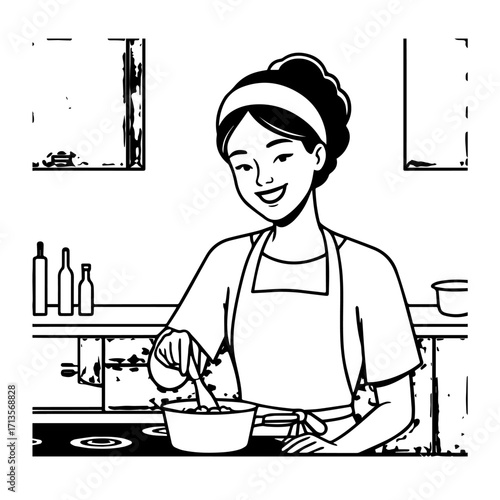 Black and White Vector Illustration of a Smiling Woman Cooking in Kitchen with Apron and Headband