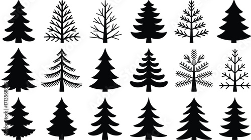 Black pine tree silhouettes collection, vector illustration, Christmas design, nature icons, forest elements, holiday decor, minimalist art, seasonal graphic, evergreen trees, clipart set
