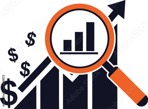 Magnifying glass over bar chart with rising arrow and dollar signs
