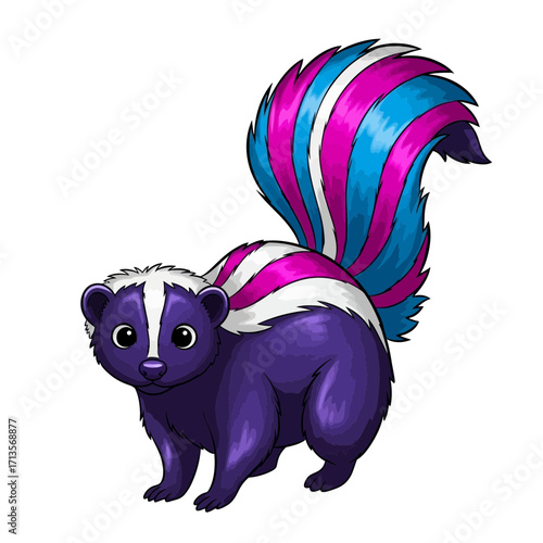 Whimsical fantasy skunk illustration with bright purple, pink, and blue fur