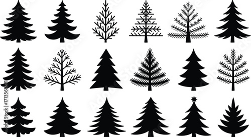Black pine tree silhouettes collection, vector illustration, Christmas design, nature icons, forest elements, holiday decor, minimalist art, seasonal graphic, evergreen trees, clipart set