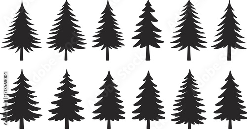 Black pine tree silhouettes pattern, vector illustration, forest background, nature design, repeating motif, Christmas decor, minimalist art, seasonal graphic, evergreen trees, modern wallpaper
