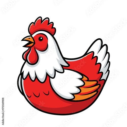 A cute and plump cartoon chicken with red and white feathers isolated on a white background