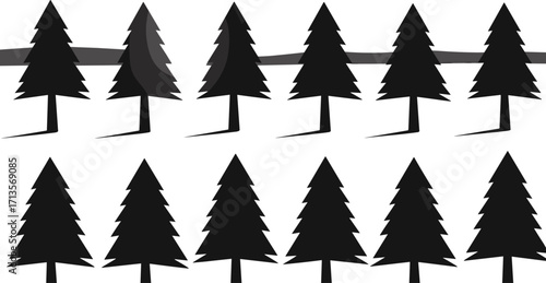 Black pine tree silhouettes pattern, vector illustration, forest background, nature design, repeating motif, Christmas decor, minimalist art, seasonal graphic, evergreen trees, modern wallpaper