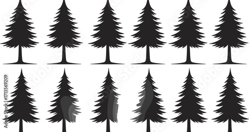 Black pine tree silhouettes pattern, vector illustration, forest background, nature design, repeating motif, Christmas decor, minimalist art, seasonal graphic, evergreen trees, modern wallpaper