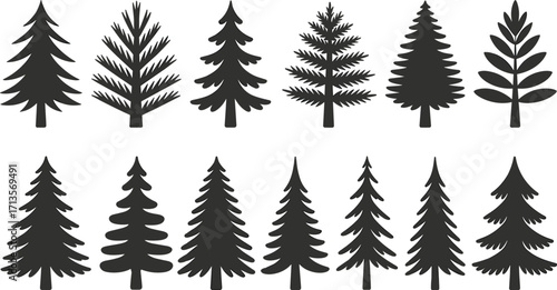 Black pine tree silhouettes, vector illustration, repeating pattern, nature design, forest background, minimalist art, Christmas tree icon, graphic element, modern decor, seasonal motif