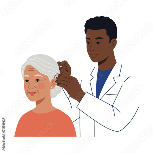 Vector art of doctor examining an elderly womans ear